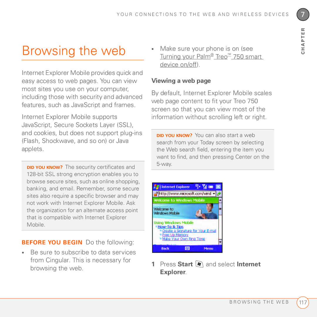 Palm 750 manual Browsing the web, Viewing a web, Press Start and select Internet Explorer 