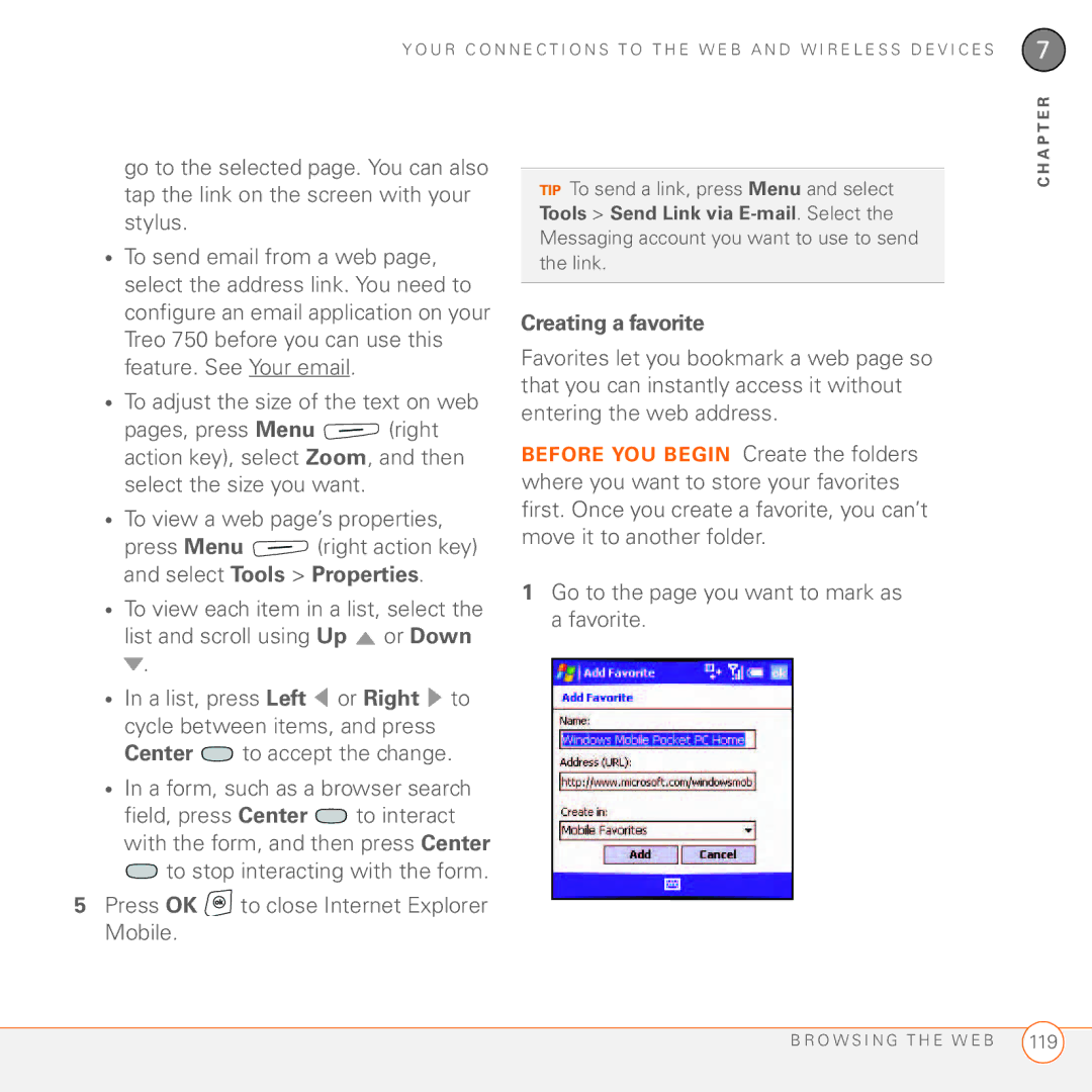 Palm 750 manual Press OK to close Internet Explorer Mobile, Creating a favorite 