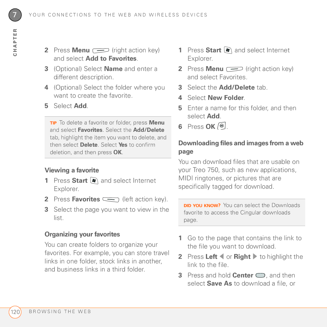 Palm 750 manual Viewing a favorite, Organizing your favorites, Select New Folder, Downloading files and images from a web 