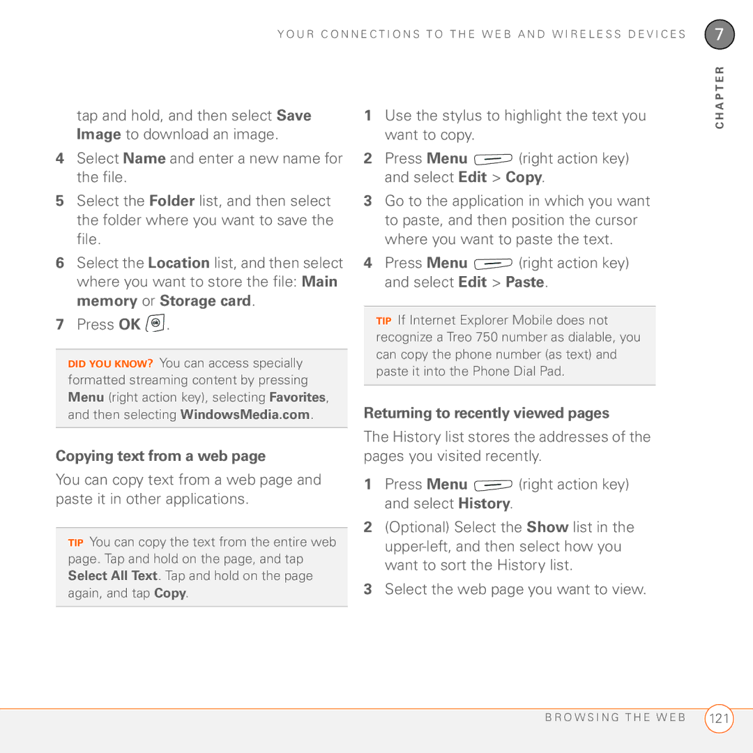 Palm 750 Copying text from a web, Press Menu right action key and select Edit Paste, Returning to recently viewed pages 