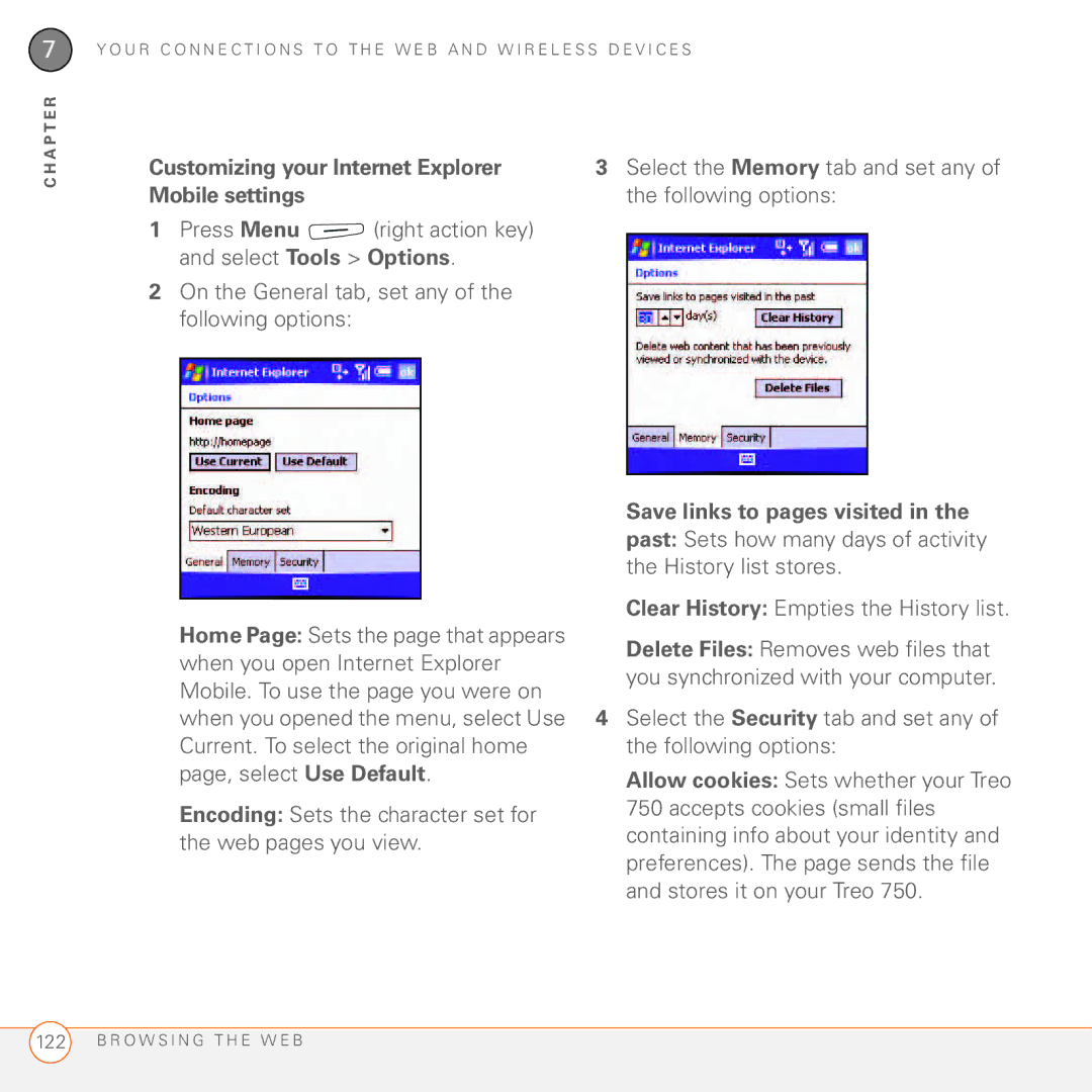 Palm 750 manual Customizing your Internet Explorer Mobile settings, Save links to pages visited 