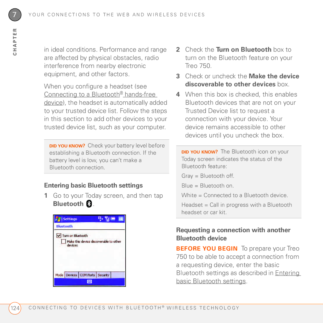 Palm 750 manual Entering basic Bluetooth settings, Requesting a connection with another Bluetooth device 