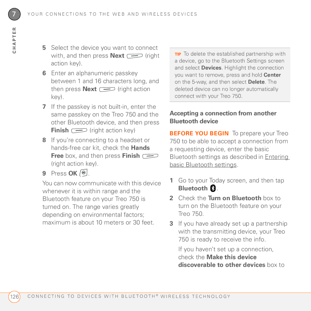 Palm 750 manual Then press Next right action key, Accepting a connection from another Bluetooth device 