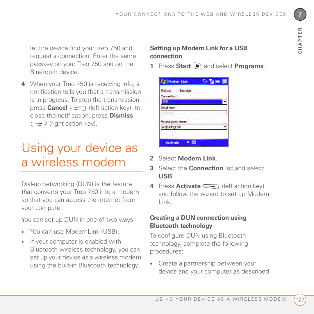 Palm 750 manual Using your device as a wireless modem, Setting up Modem Link for a USB connection, Select Modem Link 