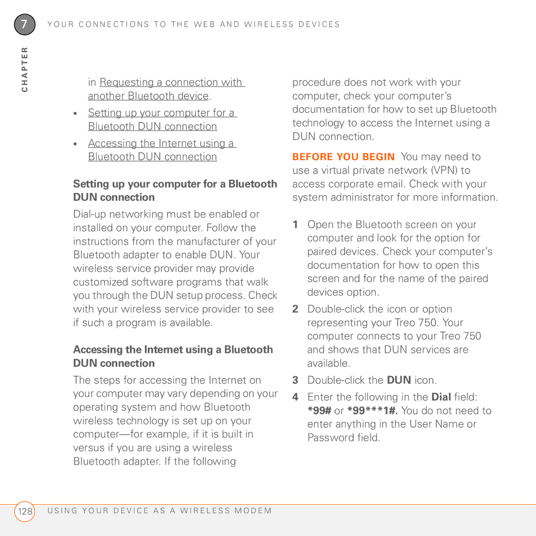 Palm 750 Setting up your computer for a Bluetooth DUN connection, Accessing the Internet using a Bluetooth DUN connection 