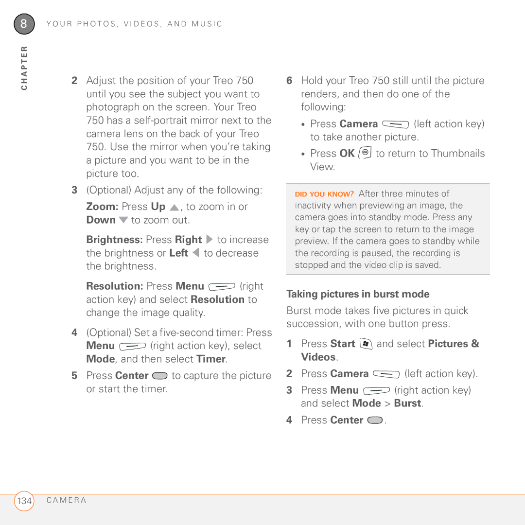 Palm 750 manual Optional Set a five-second timer Press, Taking pictures in burst mode 