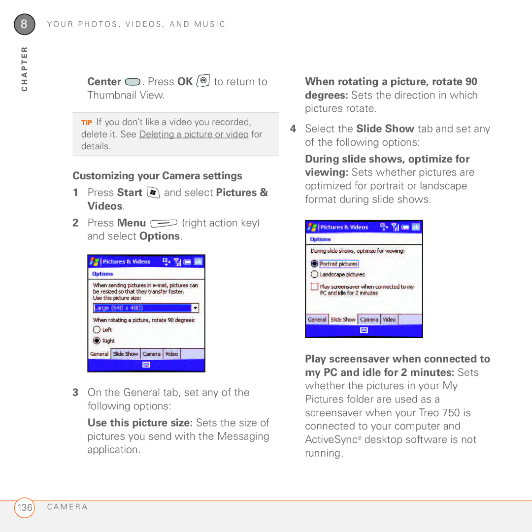 Palm 750 manual Center . Press OK to return to Thumbnail View, Customizing your Camera settings 