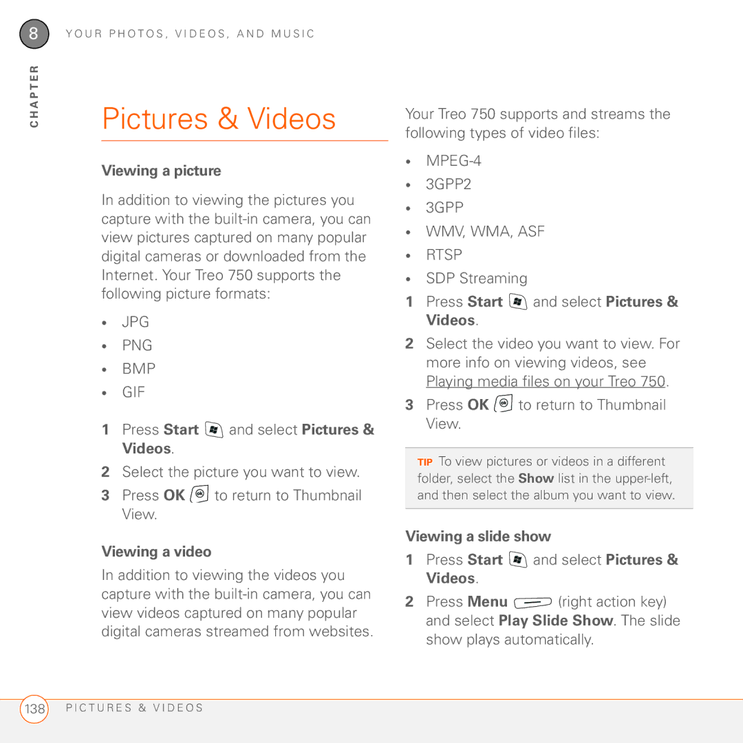 Palm 750 manual Pictures & Videos, Viewing a picture, Viewing a video, Viewing a slide show 