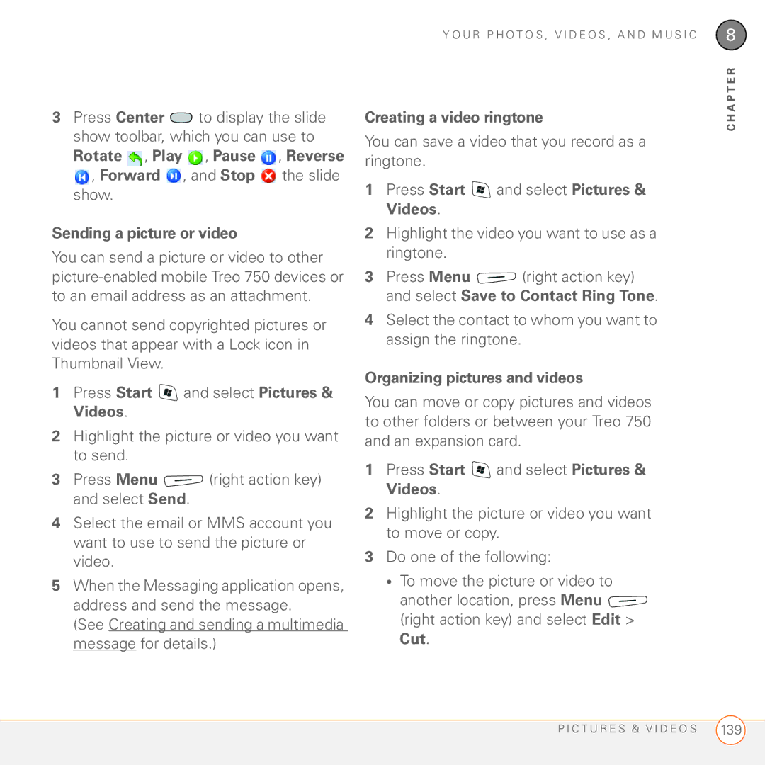 Palm 750 manual Sending a picture or video, Creating a video ringtone, Organizing pictures and videos 