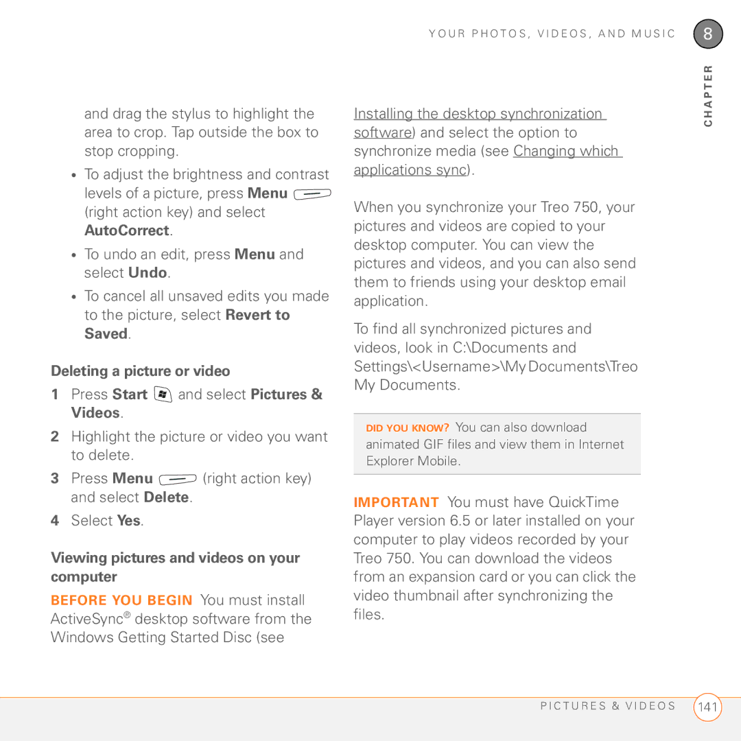 Palm 750 manual Deleting a picture or video, Viewing pictures and videos on your computer 