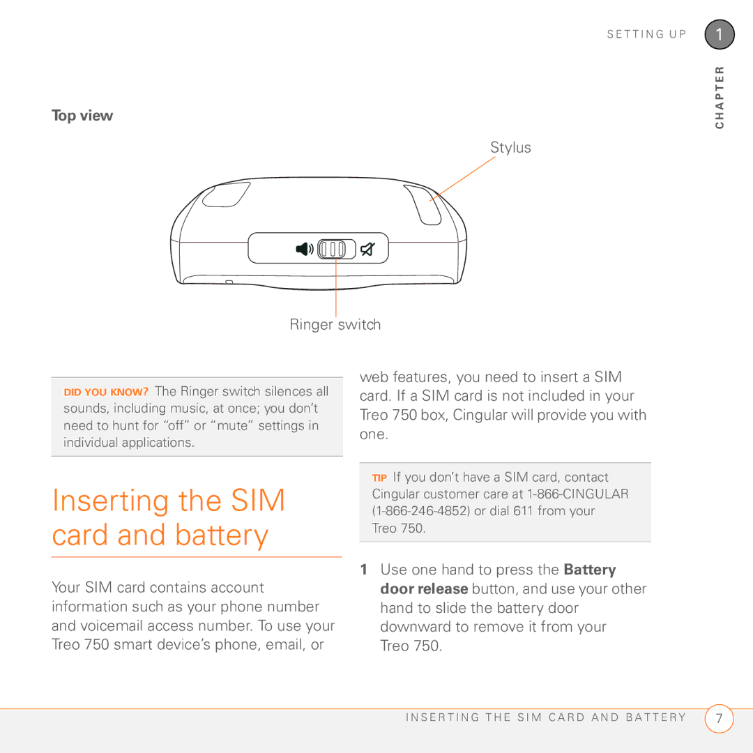 Palm 750 manual Inserting the SIM card and battery, Top view, Stylus Ringer switch 