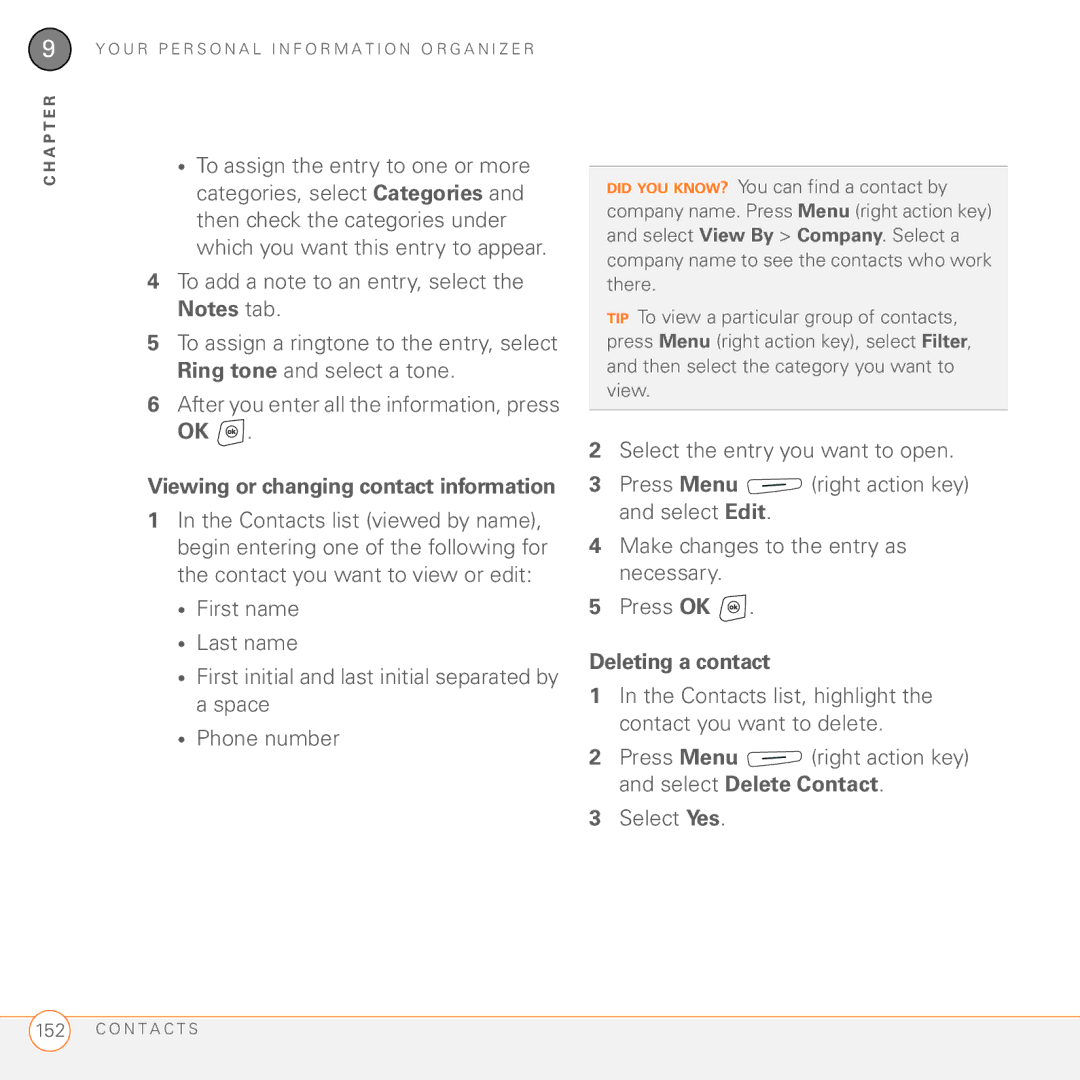 Palm 750 manual Deleting a contact, Viewing or changing contact information 