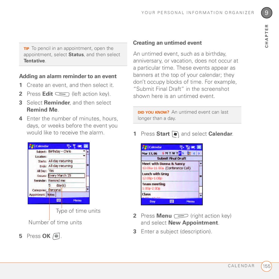 Palm 750 manual Adding an alarm reminder to an event, Creating an untimed event 