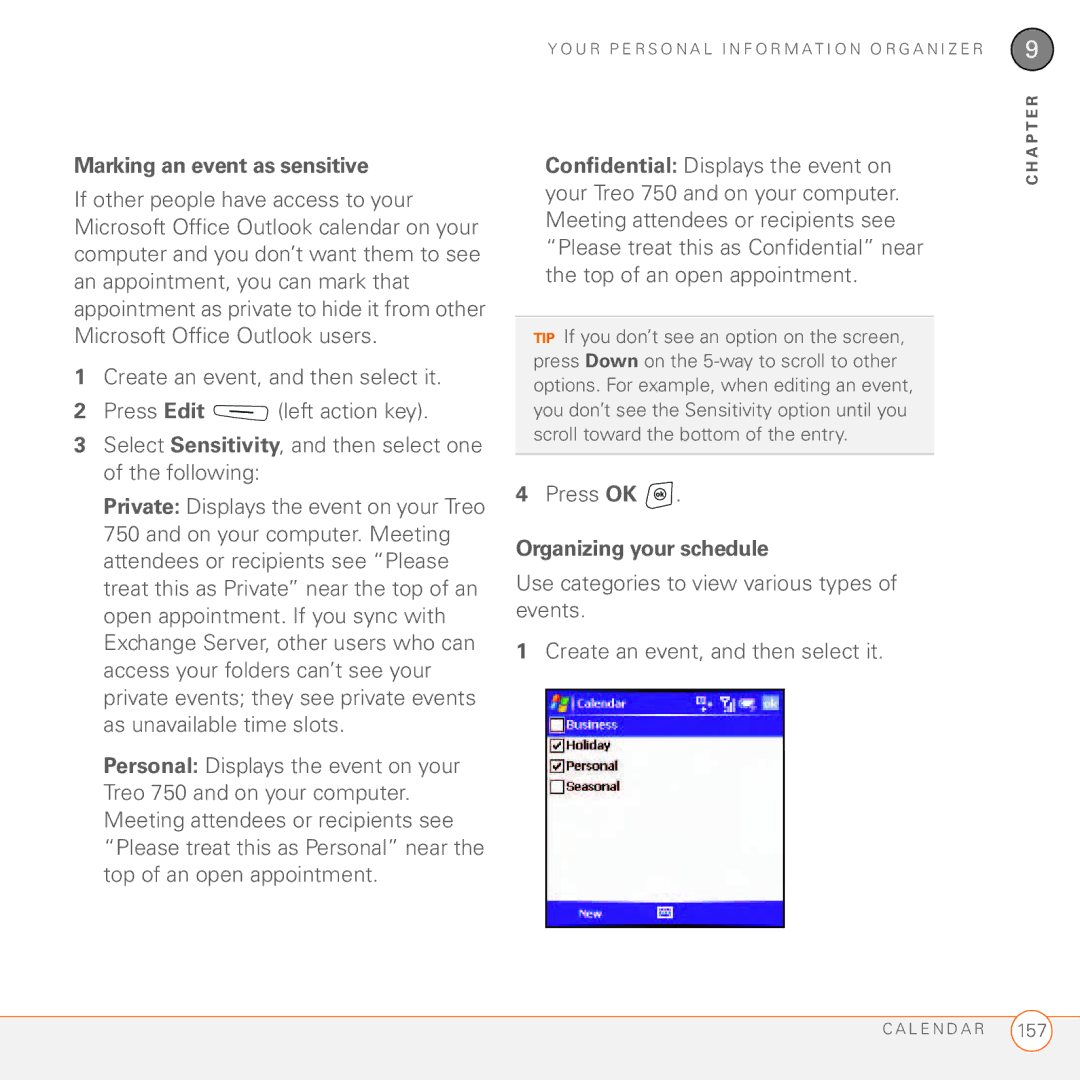 Palm 750 manual Marking an event as sensitive, Organizing your schedule 