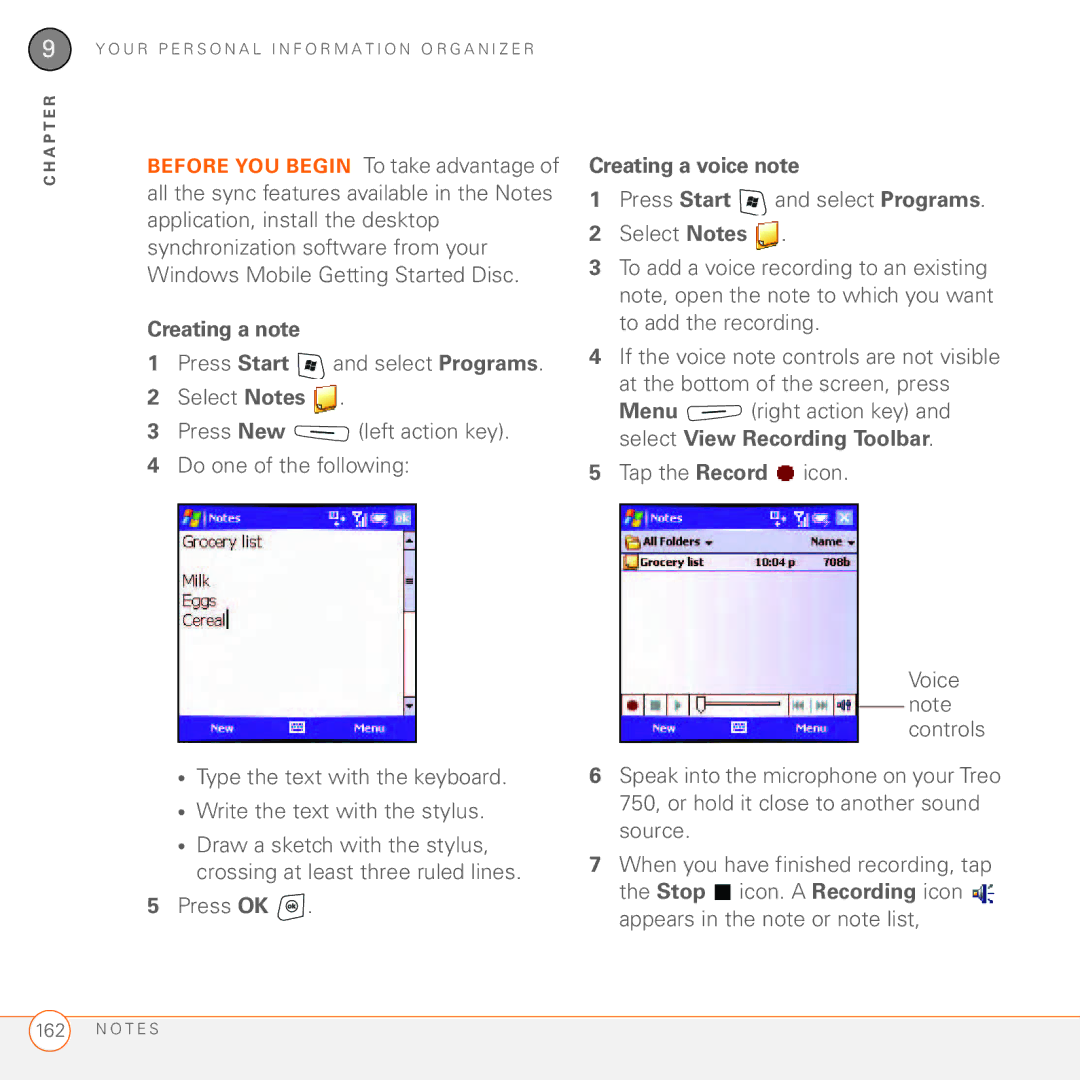 Palm 750 manual Creating a note, Creating a voice note 
