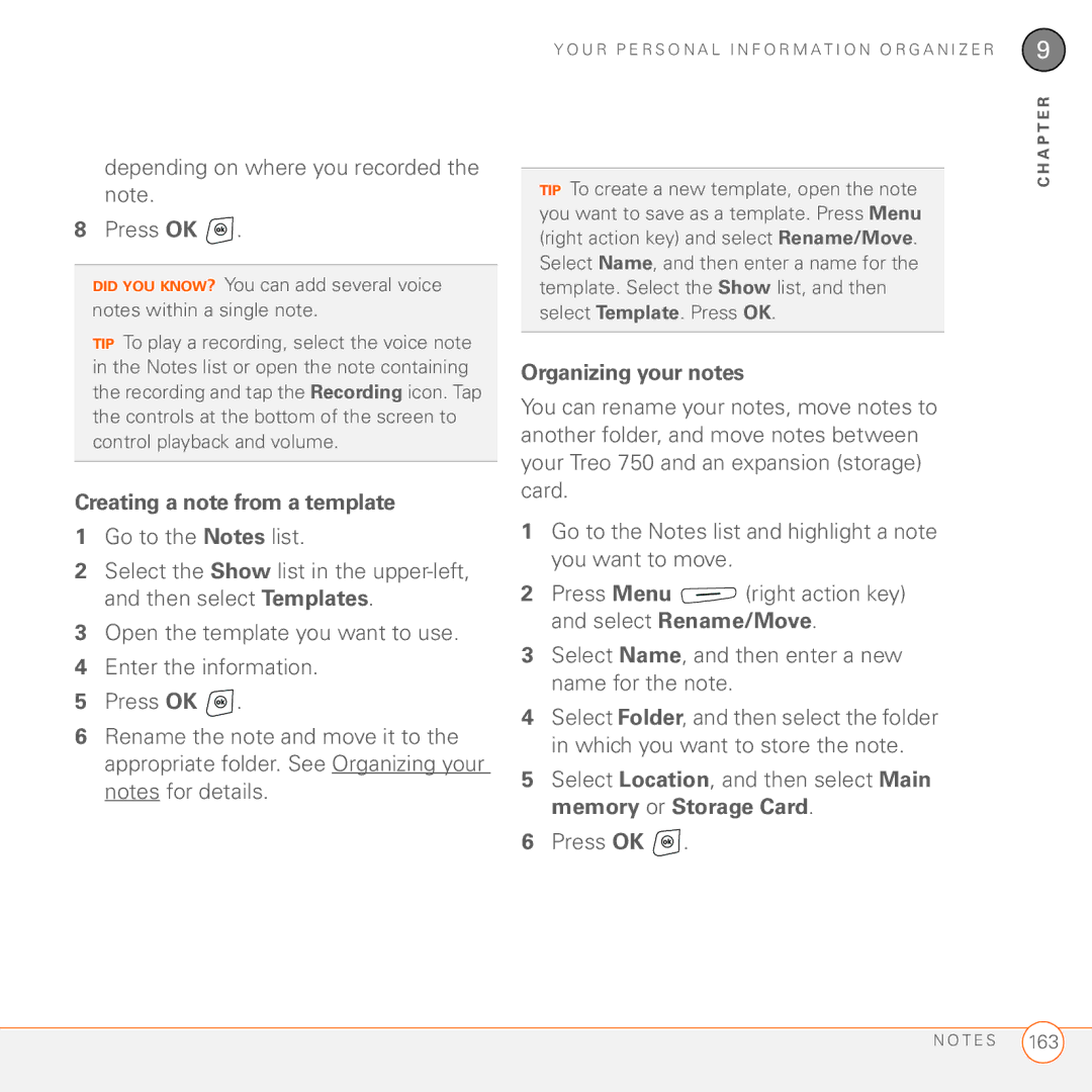 Palm 750 manual Depending on where you recorded the note Press OK, Creating a note from a template, Go to the Notes list 