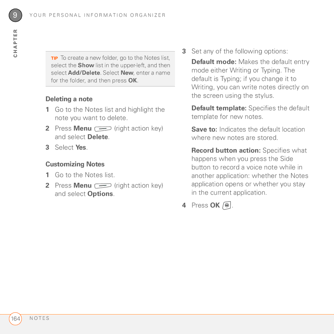 Palm 750 manual Deleting a note, Customizing Notes 