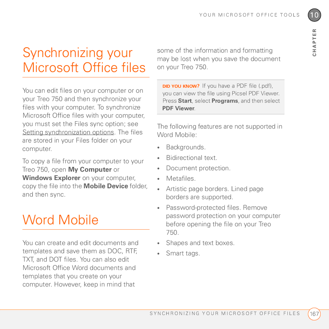 Palm 750 manual Synchronizing your Microsoft Office files, Word Mobile, Windows Explorer on your computer 