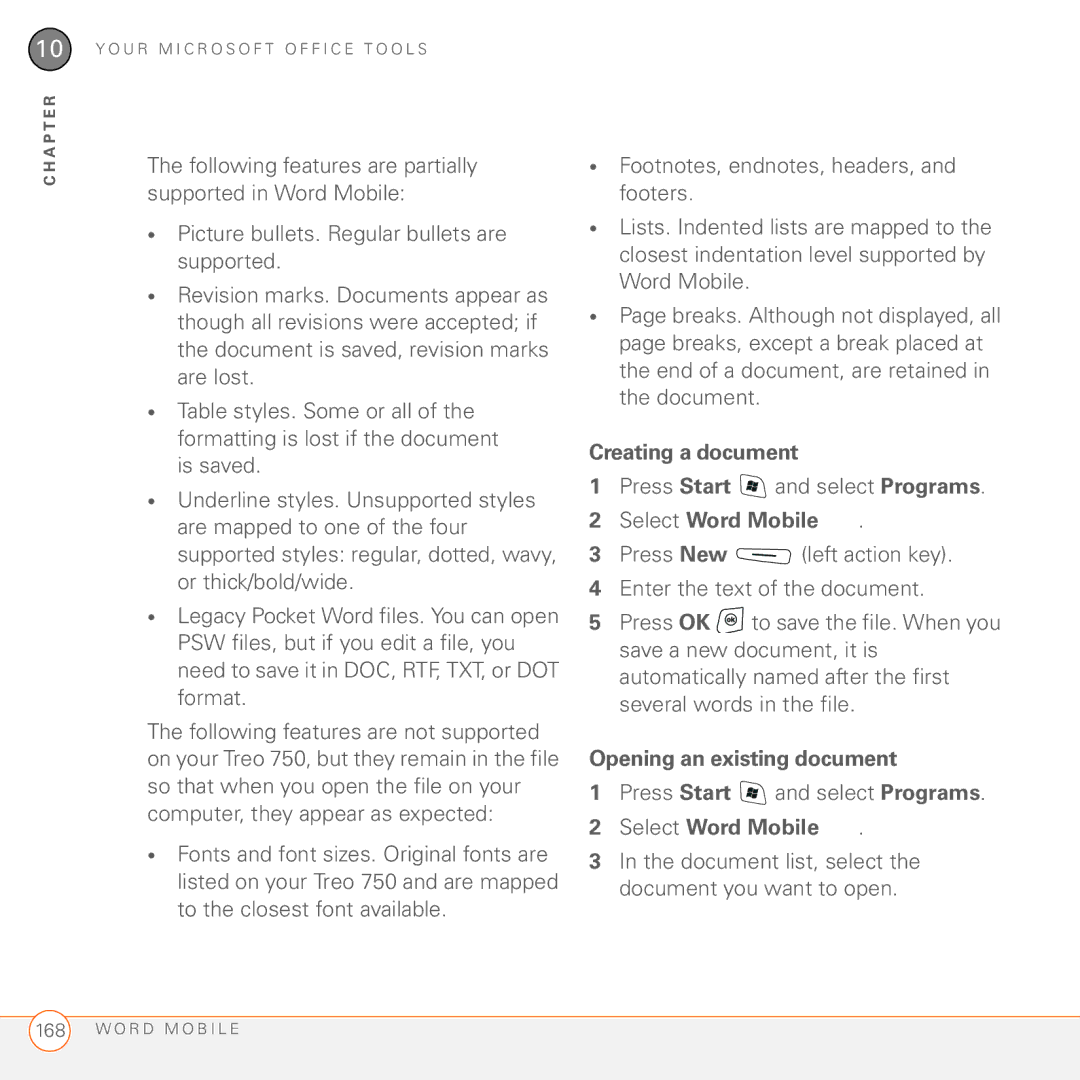Palm 750 manual Creating a document, Select Word Mobile, Opening an existing document 