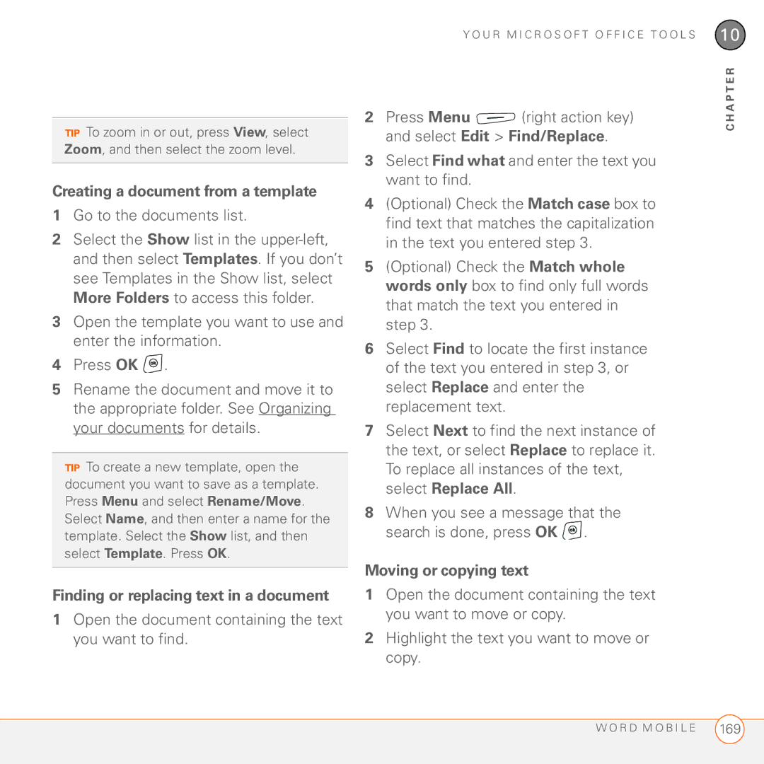 Palm 750 manual Creating a document from a template, Go to the documents list, Finding or replacing text in a document 