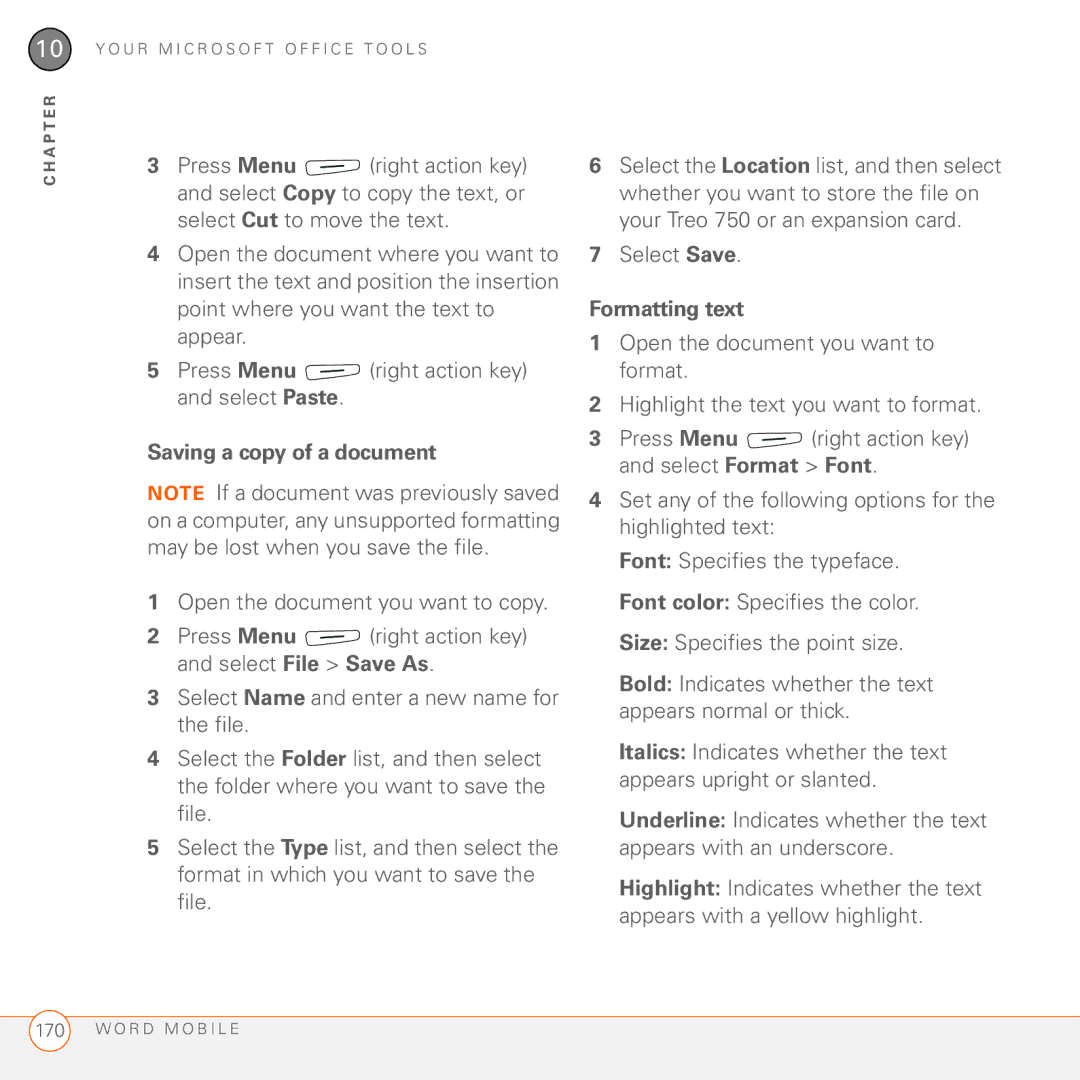 Palm 750 manual Saving a copy of a document, Select Save, Formatting text 