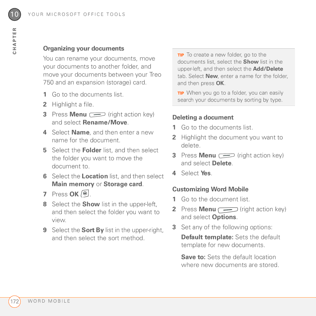 Palm 750 manual Organizing your documents, Deleting a document, Customizing Word Mobile 