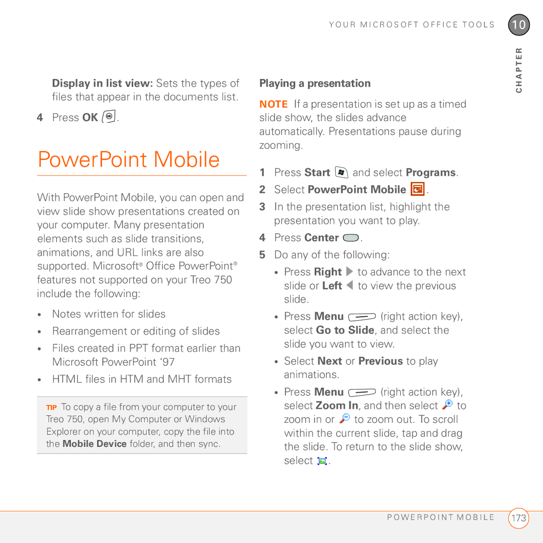 Palm 750 manual Playing a presentation, Select PowerPoint Mobile, Select Next or Previous to play animations 