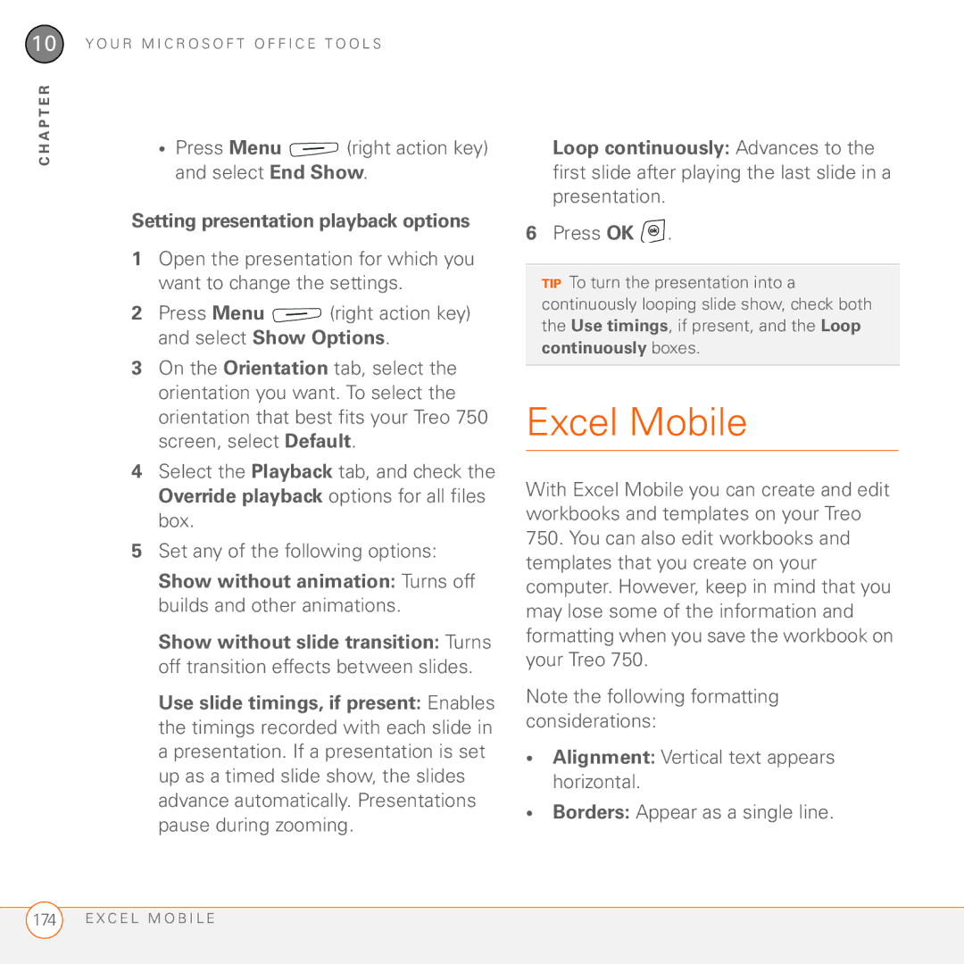 Palm 750 manual Excel Mobile, Press Menu right action key and select End Show, Setting presentation playback options 