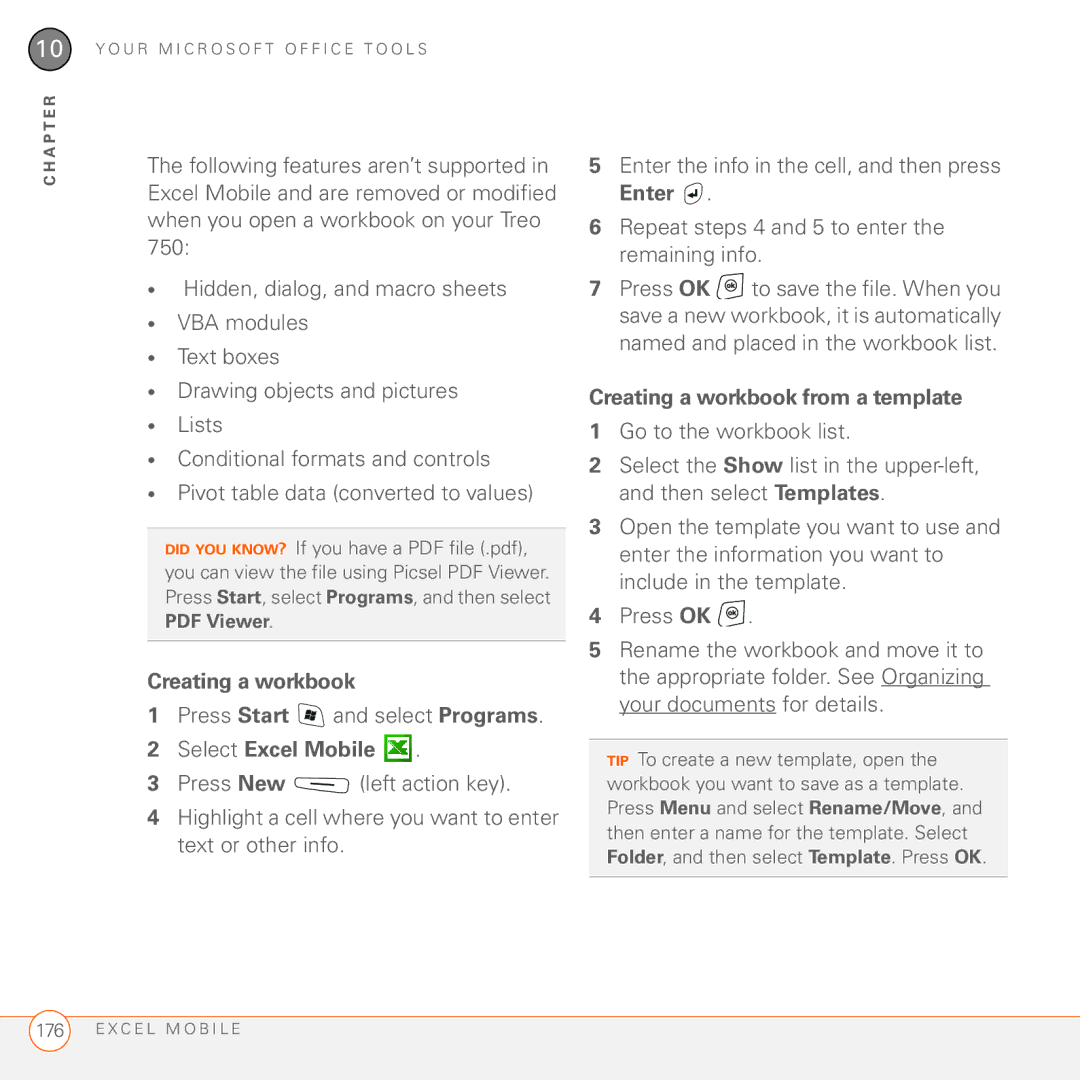 Palm 750 manual Select Excel Mobile, Creating a workbook from a template 