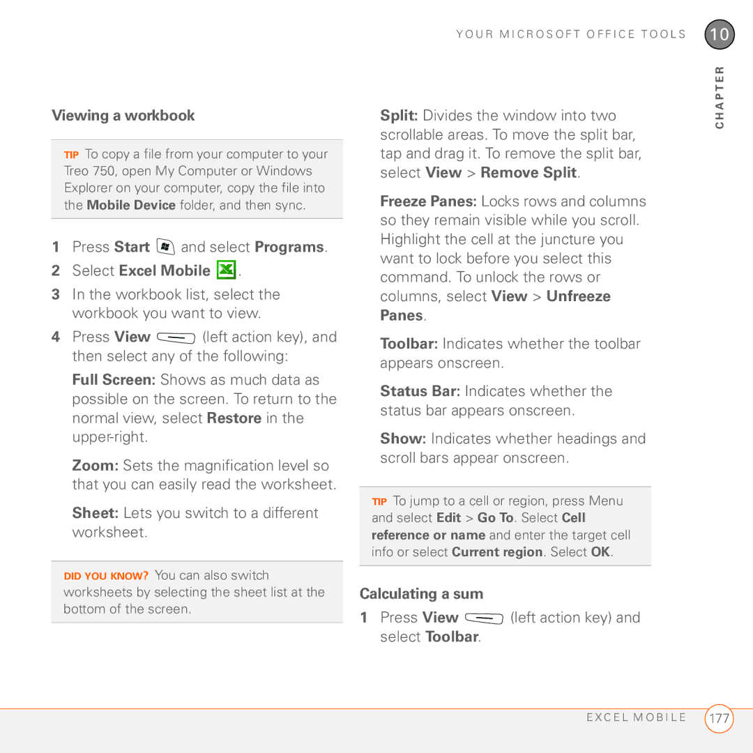 Palm 750 manual Viewing a workbook, Sheet Lets you switch to a different worksheet, Panes, Calculating a sum 