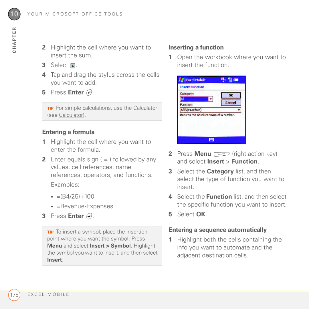Palm 750 manual Entering a formula, Inserting a function, Entering a sequence automatically 
