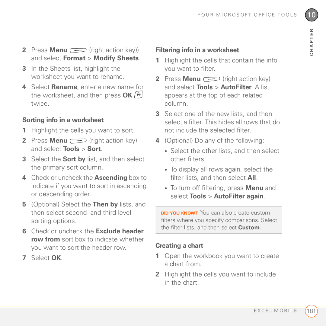 Palm 750 manual Sorting info in a worksheet, Filtering info in a worksheet, Creating a chart 