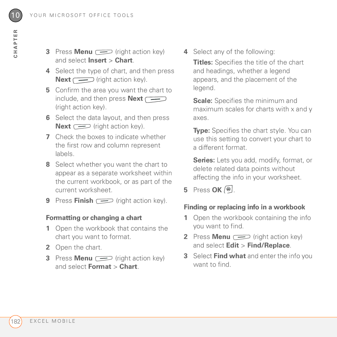 Palm 750 manual Formatting or changing a chart, Finding or replacing info in a workbook 
