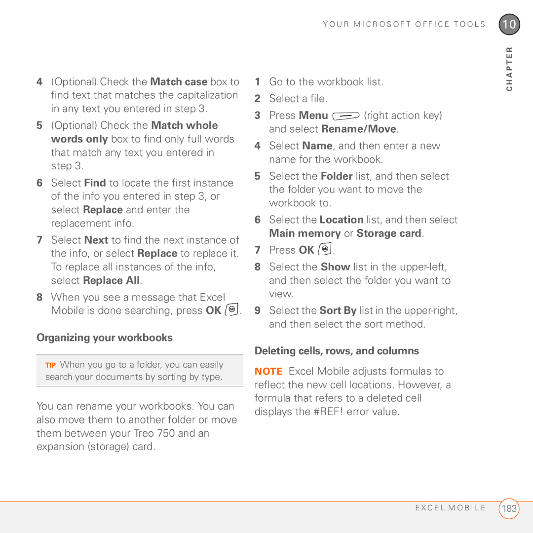 Palm 750 manual Organizing your workbooks, Deleting cells, rows, and columns 