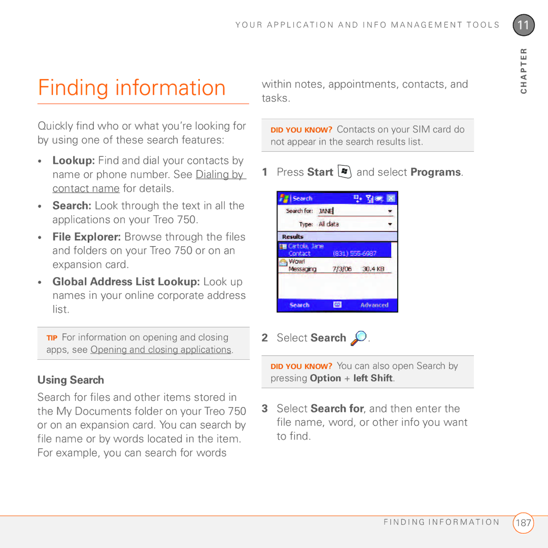 Palm 750 manual Finding information, Using Search, Within notes, appointments, contacts, and tasks 