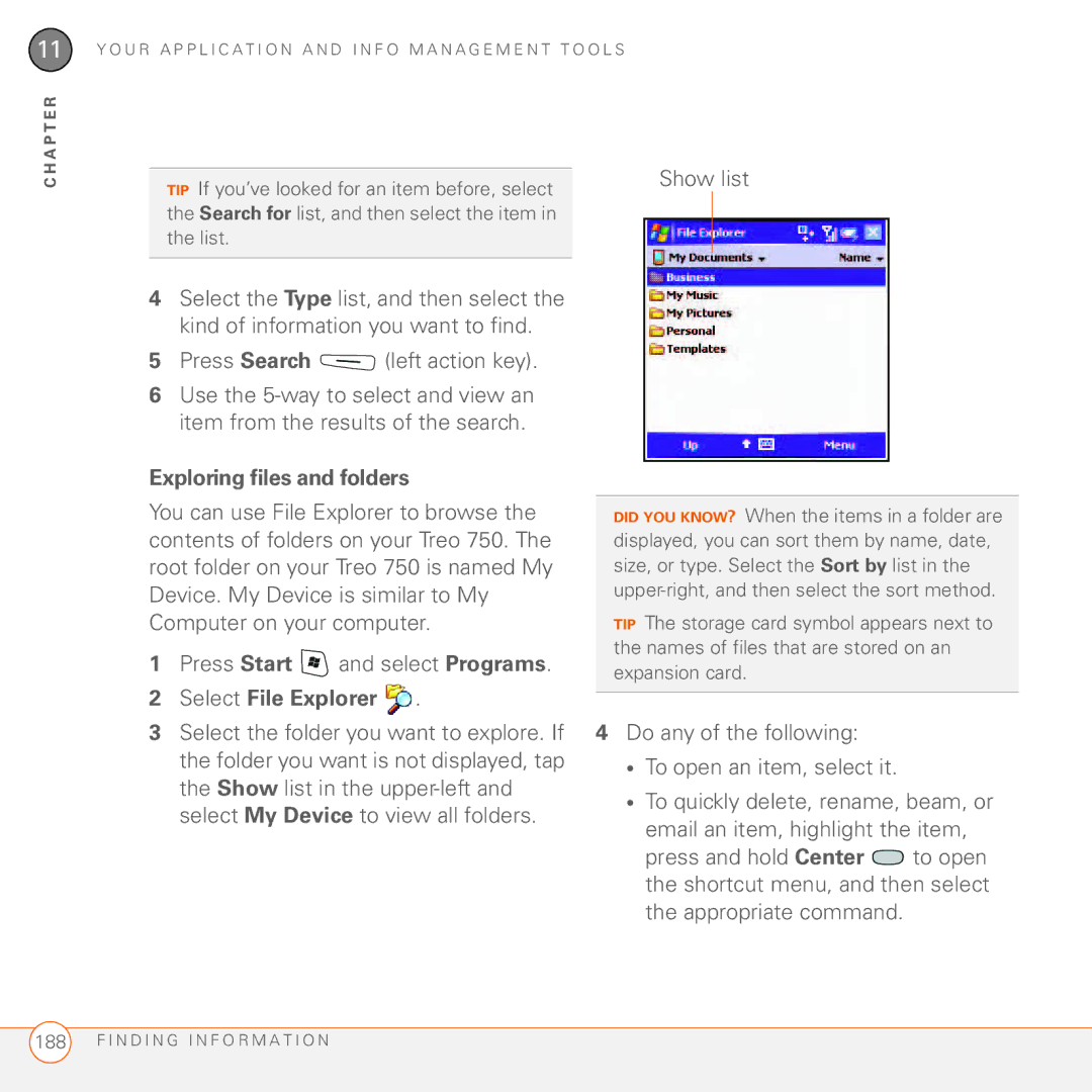 Palm 750 manual Press Search left action key, Exploring files and folders, Select File Explorer 