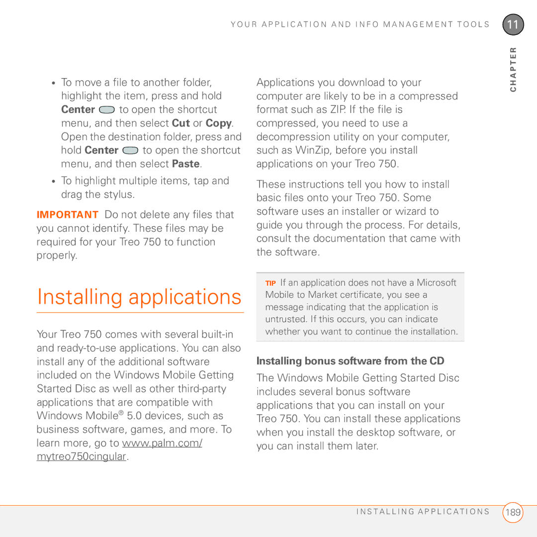 Palm 750 manual Installing applications, Installing bonus software from the CD 