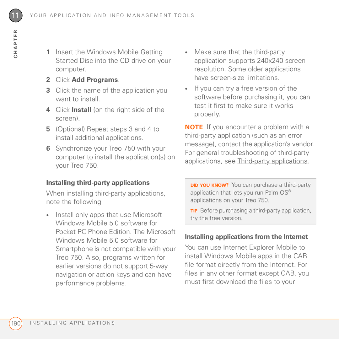 Palm 750 manual Click Add Programs, Installing third-party applications, Installing applications from the Internet 