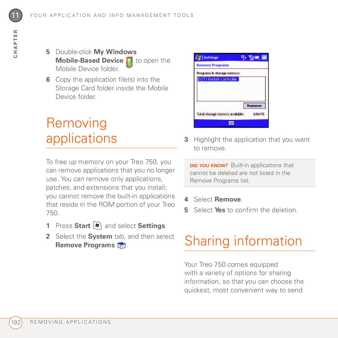 Palm 750 manual Removing applications, Sharing information, Double-click My Windows 