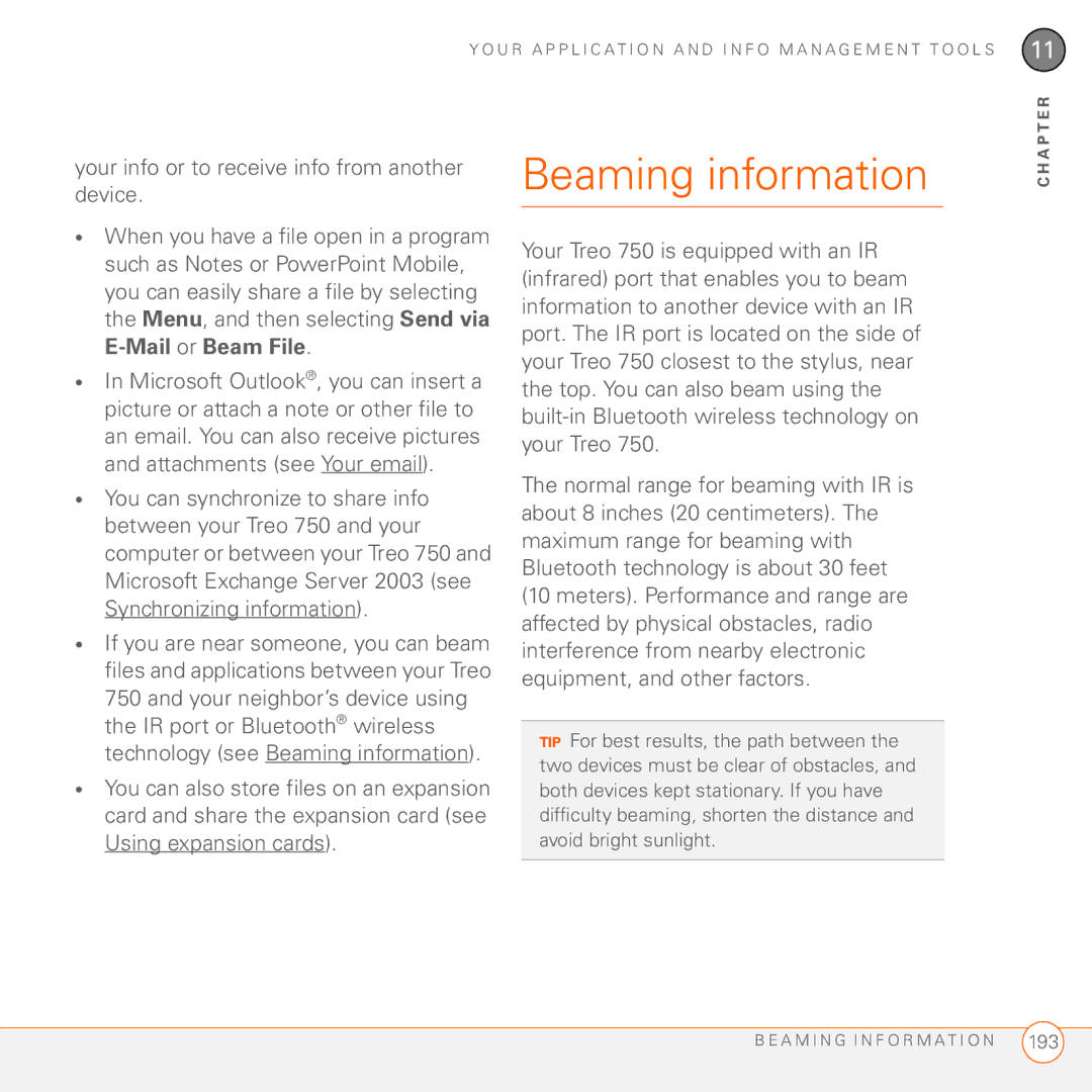 Palm 750 manual Beaming information, Your info or to receive info from another device 