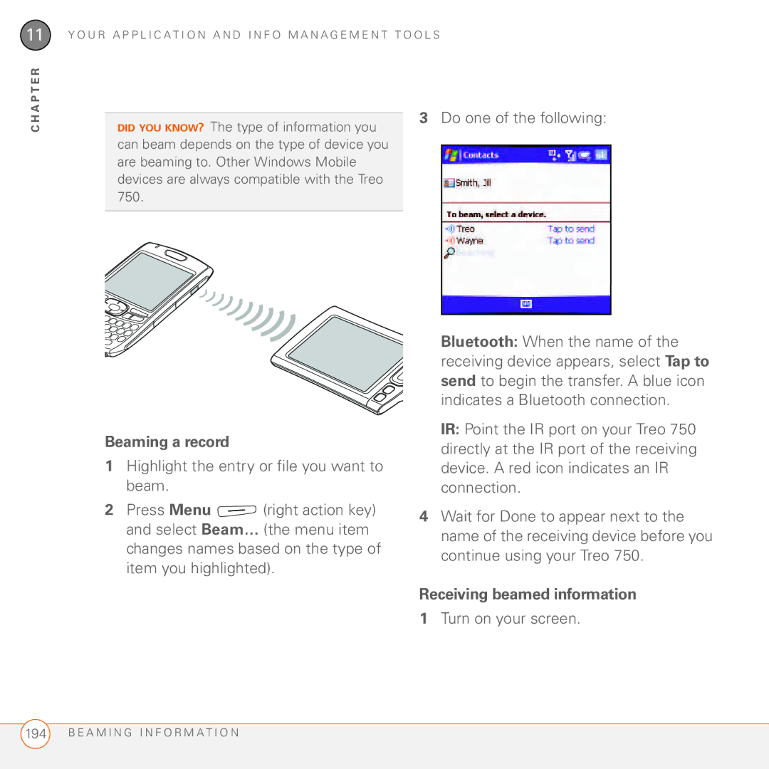 Palm 750 manual Beaming a record, Receiving beamed information, Turn on your screen 