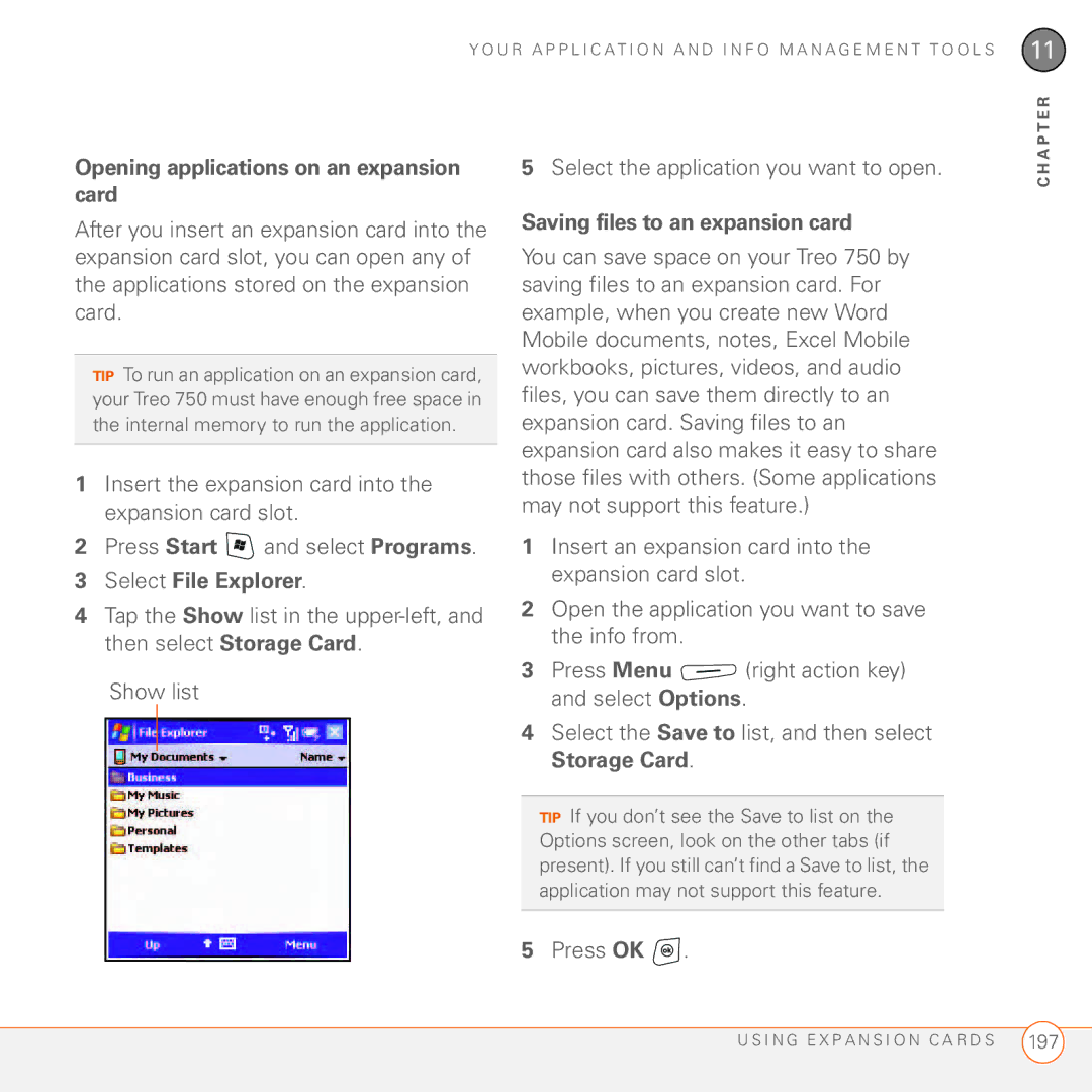 Palm 750 manual Opening applications on an expansion card, Saving files to an expansion card 