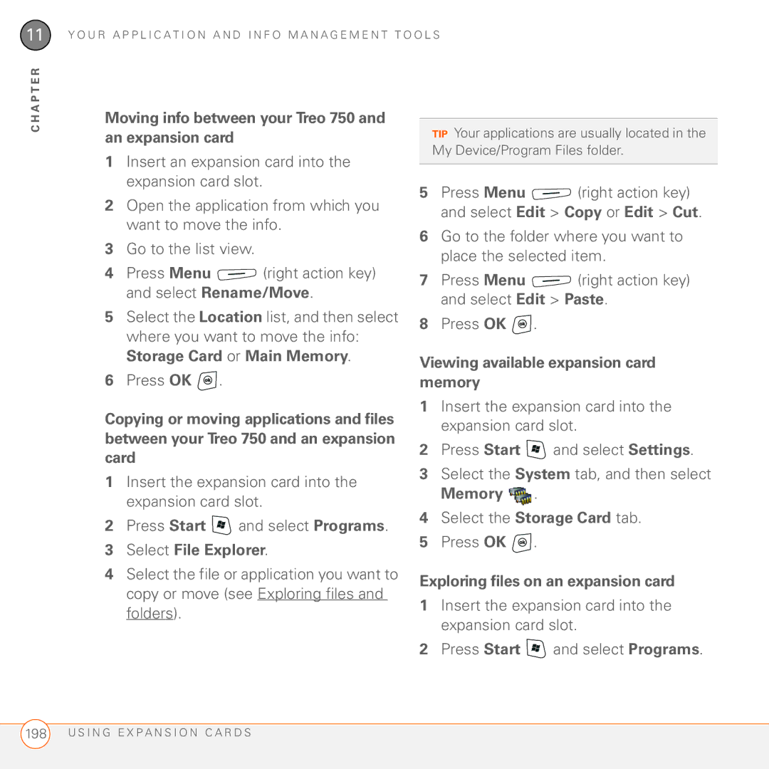 Palm manual Moving info between your Treo 750 and an expansion card, Viewing available expansion card memory 