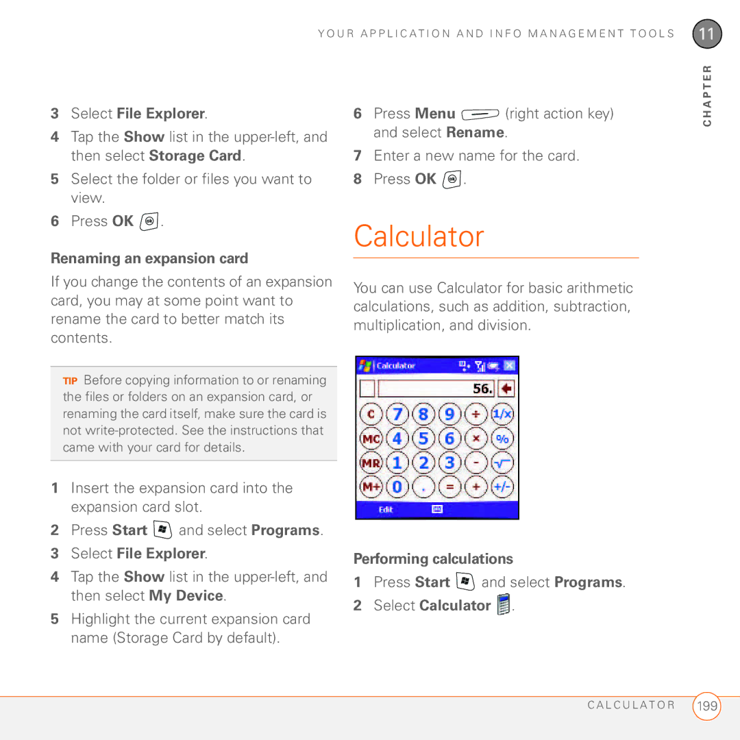 Palm 750 manual Renaming an expansion card, Performing calculations, Select Calculator 