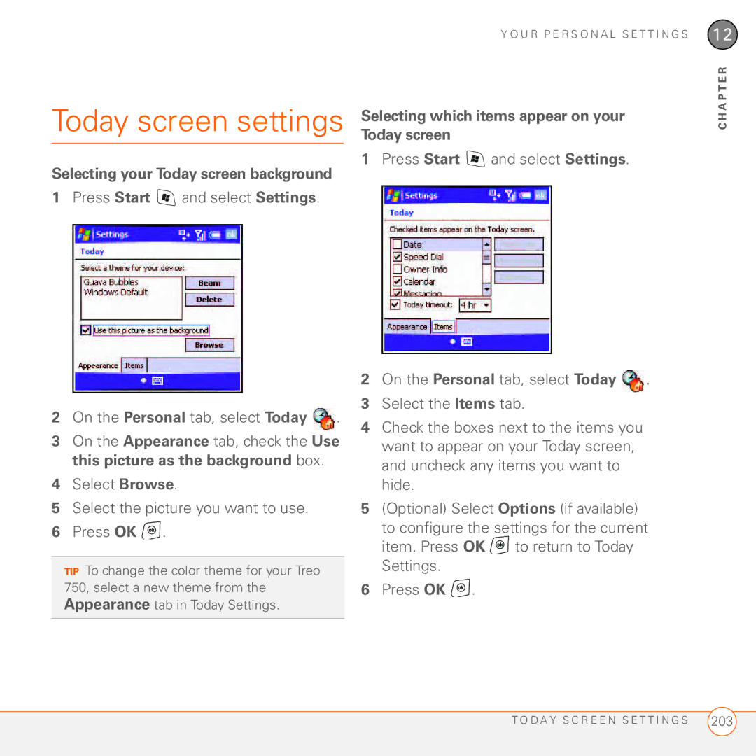 Palm 750 manual Today screen settings, Selecting which items appear on your Today screen, On the Personal tab, select Today 