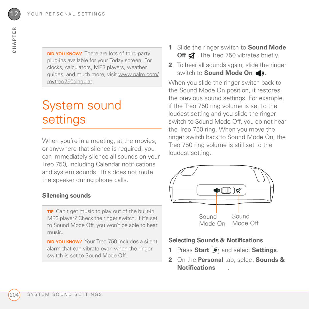 Palm 750 manual System sound settings, Silencing sounds, Selecting Sounds & Notifications 