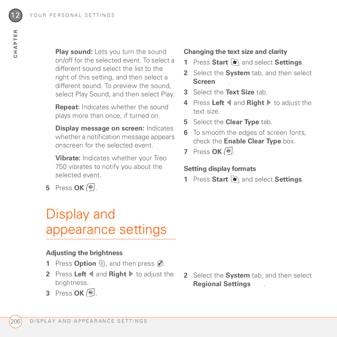 Palm 750 Display and appearance settings, Changing the text size and clarity, Setting display formats, Regional Settings 