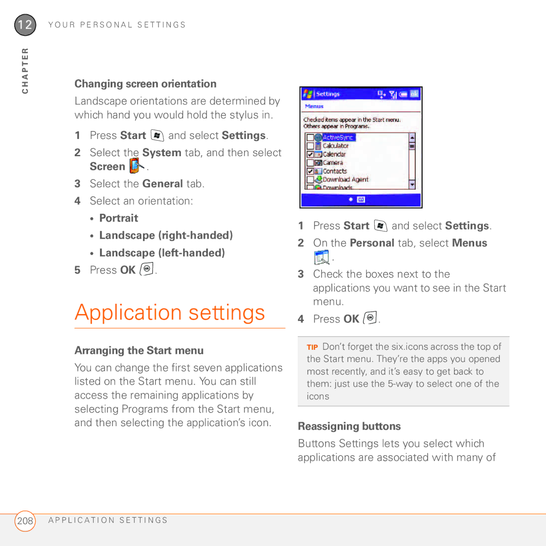 Palm 750 manual Application settings, Changing screen orientation, Portrait Landscape right-handed Landscape left-handed 