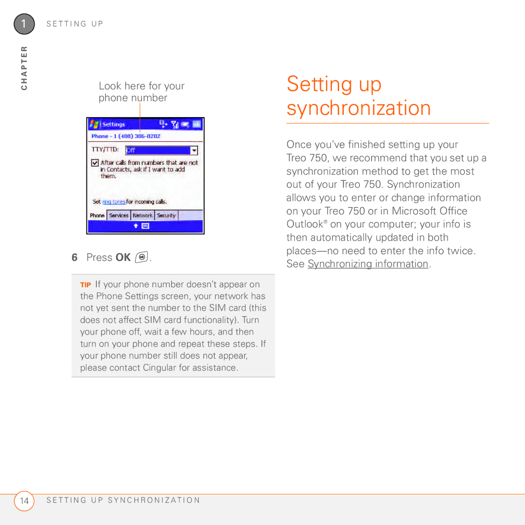Palm 750 manual Setting up synchronization, Look here for your phone number Press OK 