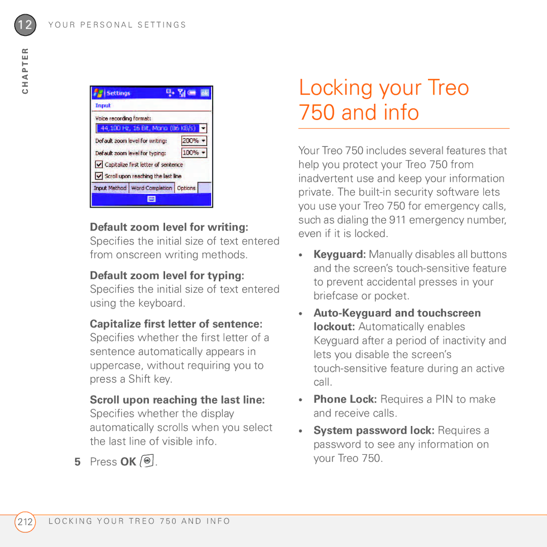 Palm manual Locking your Treo 750 and info, Default zoom level for writing, Default zoom level for typing 